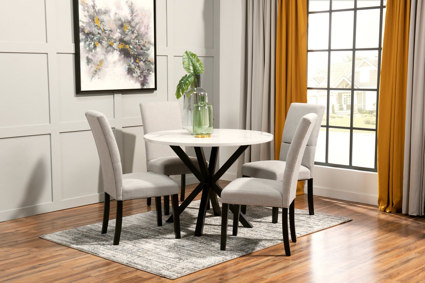 Verona Dining Table with Culture Marbled Top, Metal, Geometric Base, 42"W Round - White | Table de salle à manger ronde Verona de 42 po (L) en métal avec dessus en marbre synthétique et base géométrique - blanche