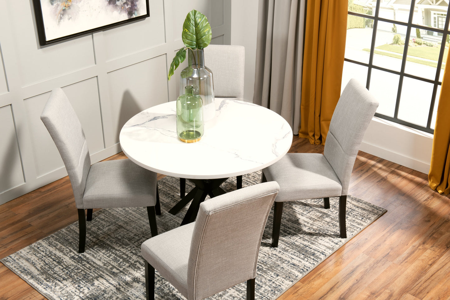 Verona Dining Table with Culture Marbled Top, Metal, Geometric Base, 42"W Round - White | Table de salle à manger ronde Verona de 42 po (L) en métal avec dessus en marbre synthétique et base géométrique - blanche