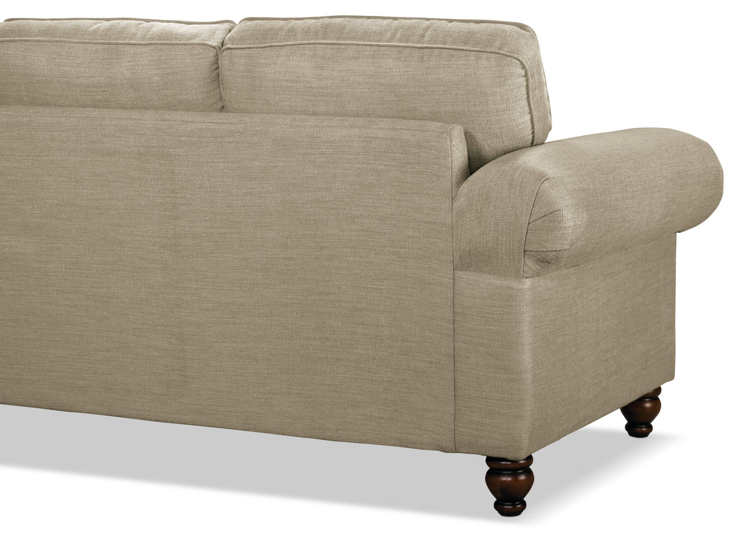 Made in Canada Wynn 93" Chenille Fabric Sofa with Nailhead Trim and Wood Bun Legs - Taupe | Sofa Wynn de 93 po fabriqué au Canada en tissu de chenille avec bordure de clous décoratifs et pattes en oignon en bois - taupe