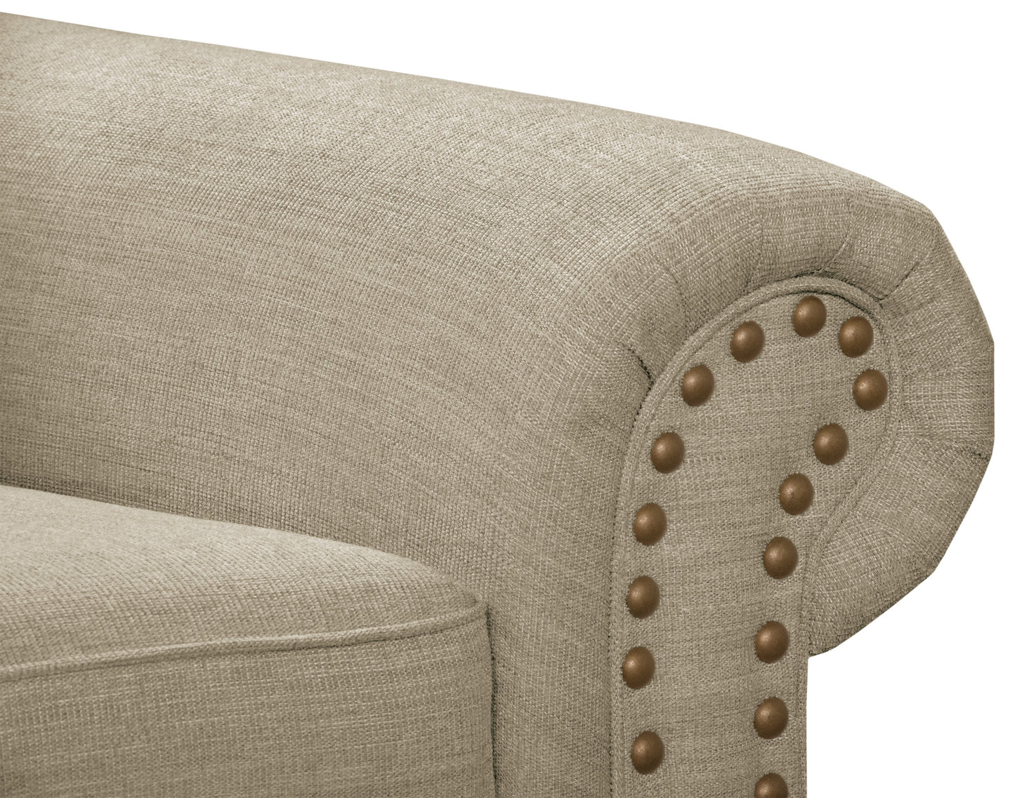 Made in Canada Wynn 93" Chenille Fabric Sofa with Nailhead Trim and Wood Bun Legs - Taupe | Sofa Wynn de 93 po fabriqué au Canada en tissu de chenille avec bordure de clous décoratifs et pattes en oignon en bois - taupe