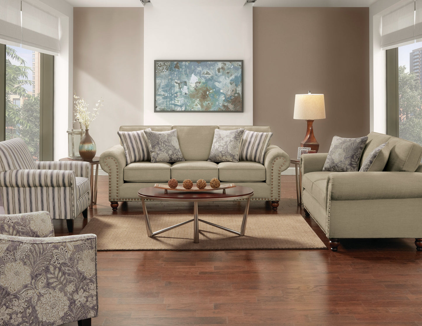 Made in Canada Wynn 93" Chenille Fabric Sofa with Nailhead Trim and Wood Bun Legs - Taupe | Sofa Wynn de 93 po fabriqué au Canada en tissu de chenille avec bordure de clous décoratifs et pattes en oignon en bois - taupe