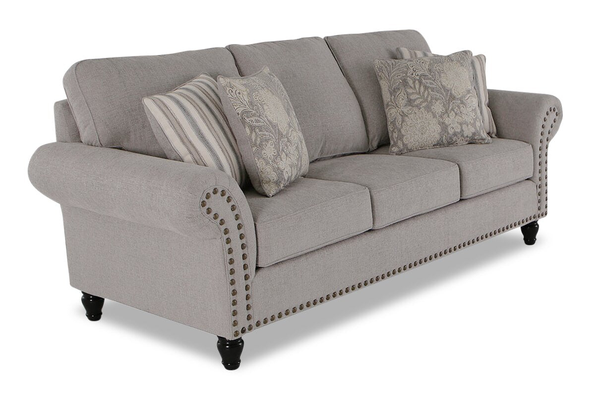 Made in Canada Wynn 93" Chenille Fabric Sofa with Nailhead Trim and Wood Bun Legs - Grey | Sofa Wynn de 93 po fabriqué au Canada en tissu de chenille avec bordure de clous décoratifs et pattes en oignon en bois - gris