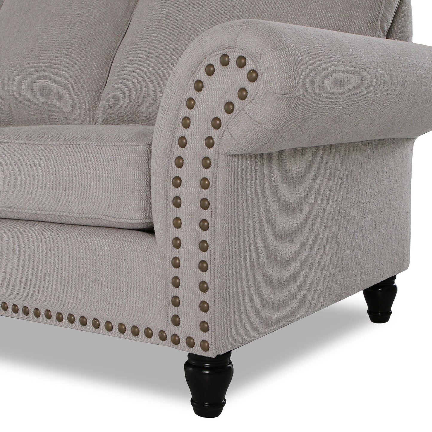 Made in Canada Wynn 93" Chenille Fabric Sofa with Nailhead Trim and Wood Bun Legs - Grey | Sofa Wynn de 93 po fabriqué au Canada en tissu de chenille avec bordure de clous décoratifs et pattes en oignon en bois - gris