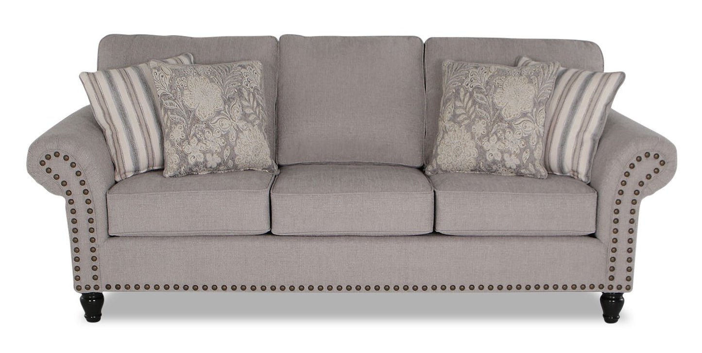 Made in Canada Wynn 93" Chenille Fabric Sofa with Nailhead Trim and Wood Bun Legs - Grey | Sofa Wynn de 93 po fabriqué au Canada en tissu de chenille avec bordure de clous décoratifs et pattes en oignon en bois - gris