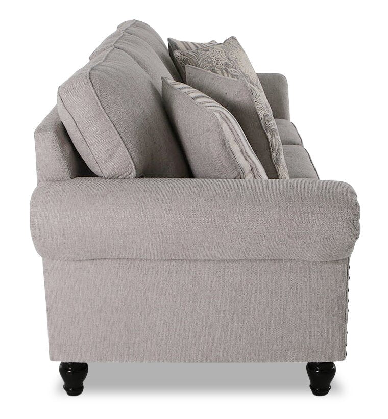 Made in Canada Wynn 93" Chenille Fabric Sofa with Nailhead Trim and Wood Bun Legs - Grey | Sofa Wynn de 93 po fabriqué au Canada en tissu de chenille avec bordure de clous décoratifs et pattes en oignon en bois - gris