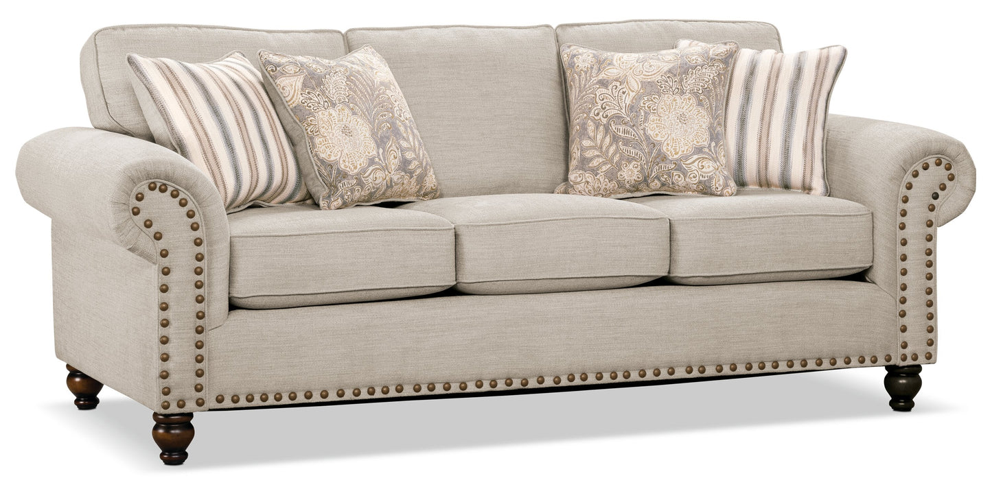 Made in Canada Wynn 93" Chenille Fabric Sofa with Nailhead Trim and Wood Bun Legs - Linen Beige | Sofa Wynn de 93 po fabriqué au Canada en tissu de chenille avec bordure de clous décoratifs et pattes en oignon en bois - beige lin