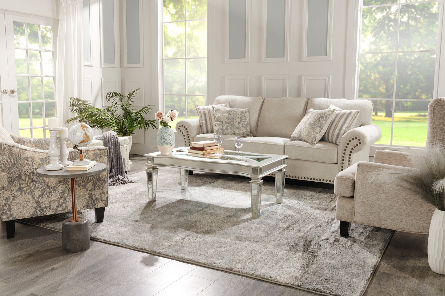 Made in Canada Wynn 93" Chenille Fabric Sofa with Nailhead Trim and Wood Bun Legs - Linen Beige | Sofa Wynn de 93 po fabriqué au Canada en tissu de chenille avec bordure de clous décoratifs et pattes en oignon en bois - beige lin