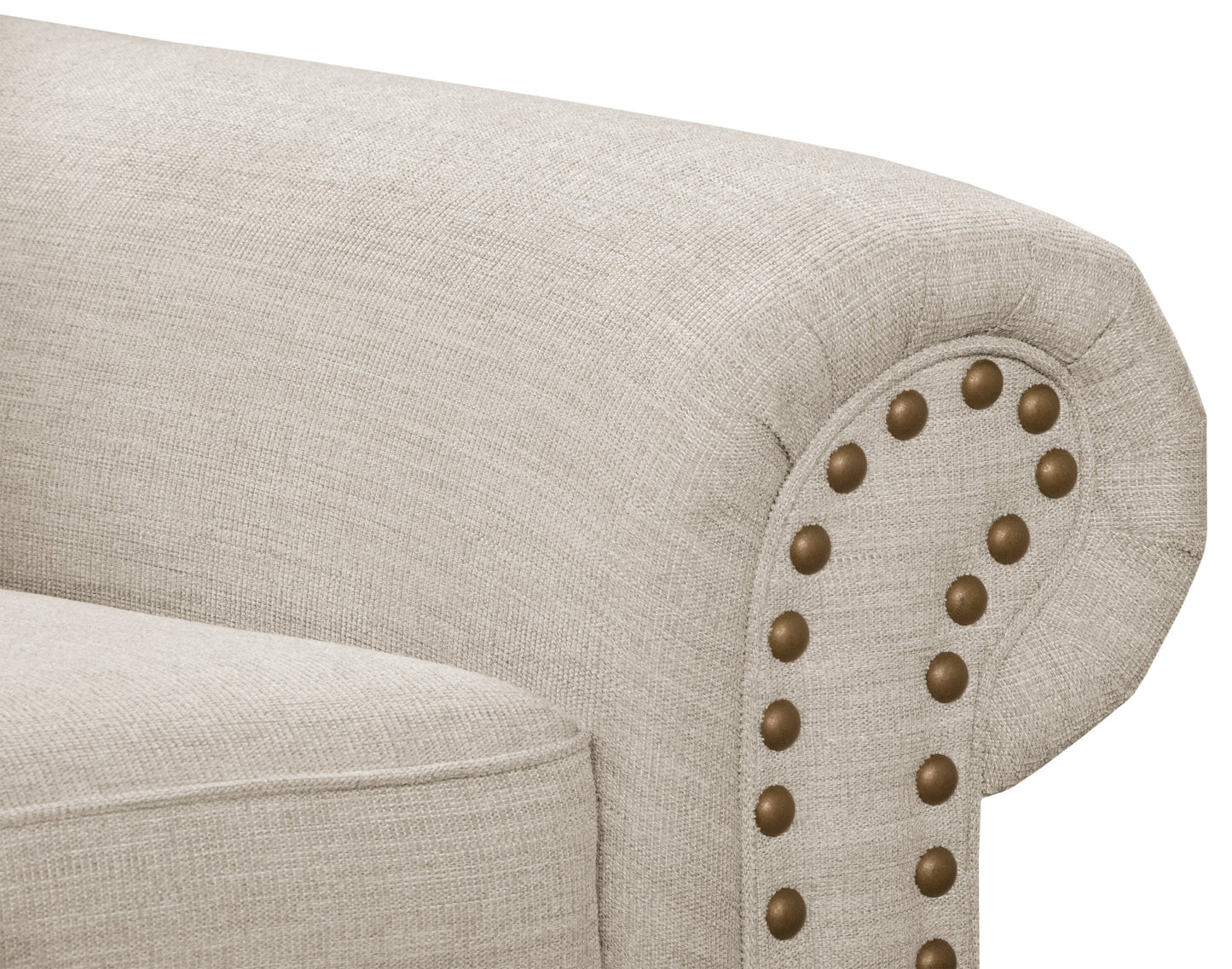 Made in Canada Wynn 93" Chenille Fabric Sofa with Nailhead Trim and Wood Bun Legs - Linen Beige | Sofa Wynn de 93 po fabriqué au Canada en tissu de chenille avec bordure de clous décoratifs et pattes en oignon en bois - beige lin