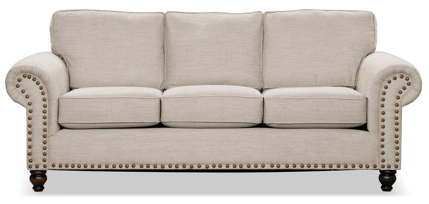 Made in Canada Wynn 93" Chenille Fabric Sofa with Nailhead Trim and Wood Bun Legs - Linen Beige | Sofa Wynn de 93 po fabriqué au Canada en tissu de chenille avec bordure de clous décoratifs et pattes en oignon en bois - beige lin