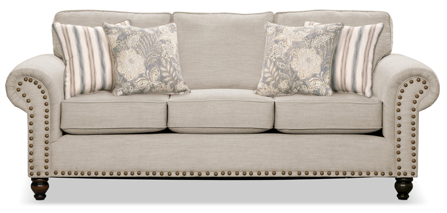 Made in Canada Wynn 93" Chenille Fabric Sofa with Nailhead Trim and Wood Bun Legs - Linen Beige | Sofa Wynn de 93 po fabriqué au Canada en tissu de chenille avec bordure de clous décoratifs et pattes en oignon en bois - beige lin