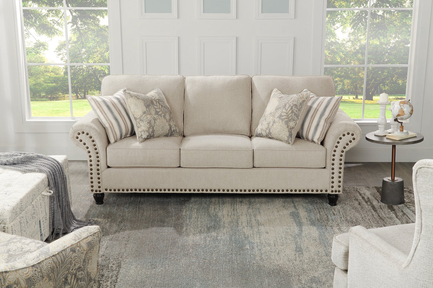 Made in Canada Wynn 93" Chenille Fabric Sofa with Nailhead Trim and Wood Bun Legs - Linen Beige | Sofa Wynn de 93 po fabriqué au Canada en tissu de chenille avec bordure de clous décoratifs et pattes en oignon en bois - beige lin