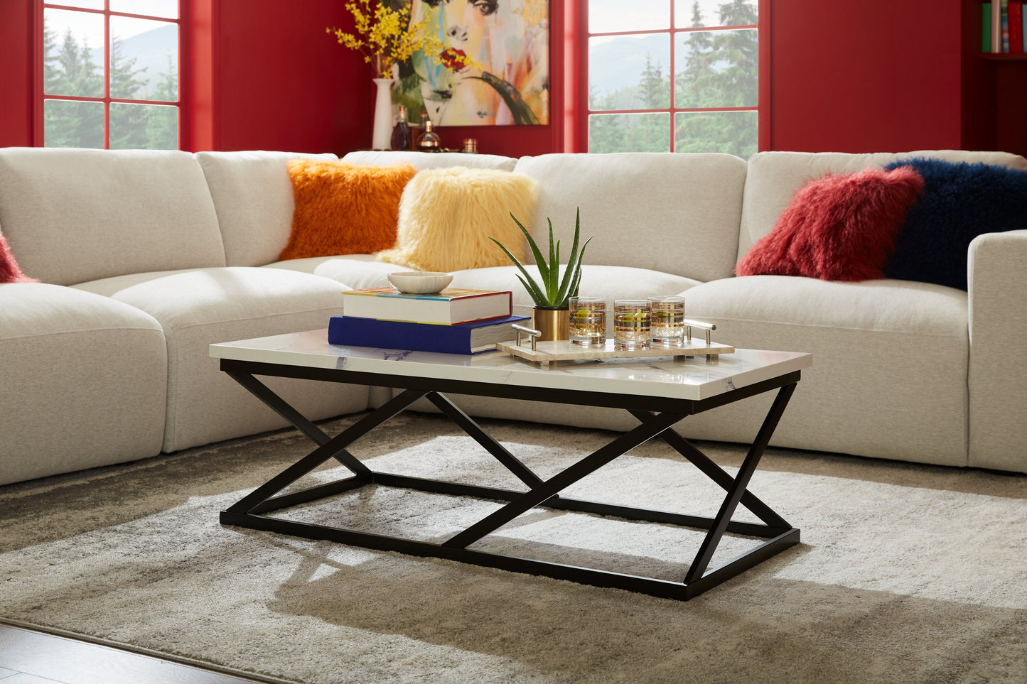 Verona 47.25" Modern Coffee Table - White Marble Look with Black Metal Base|Table à café moderne Verona de 47,25 po - imitation de marbre blanc avec base en métal noir