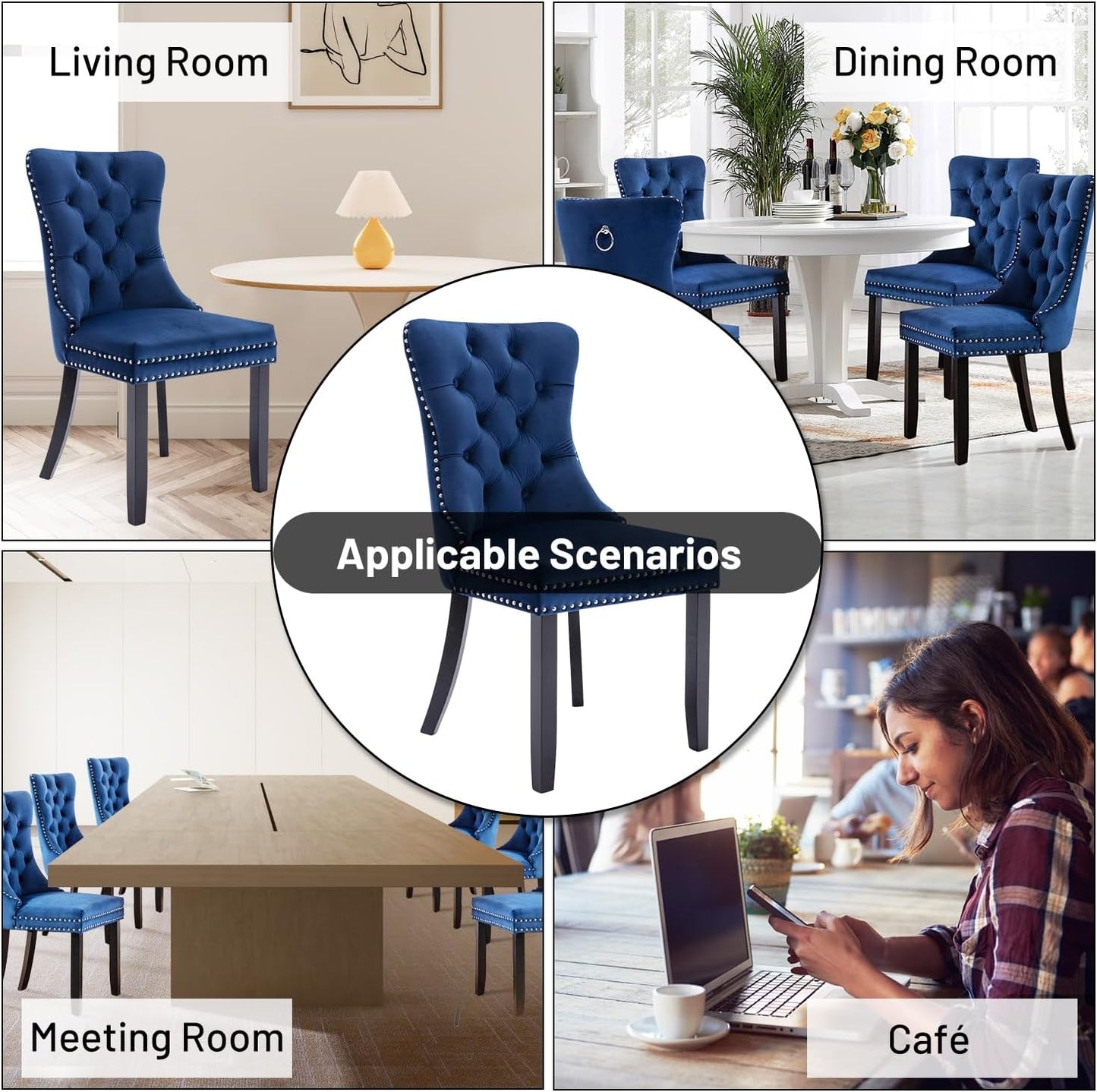 sweet Dining Chairs Set of 2 - Mid Century Modern  Velvet Upholstered Side Chairs for Kitchen & Dining Room, Blue