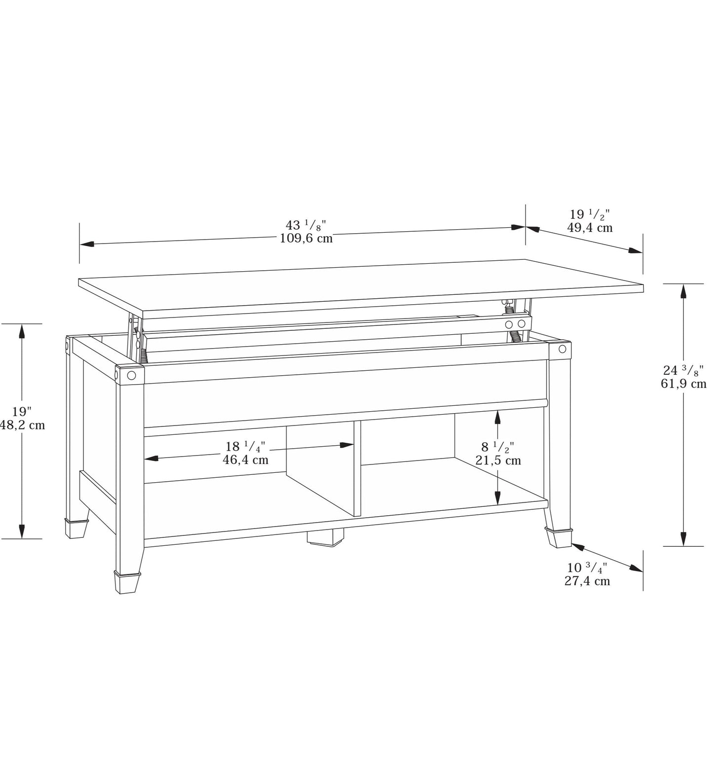 Carson 43.15" Rustic Lift Top Coffee Table with Storage and Shelf - Cherry Wood with Metal Hardware|Table à café rustique Carson de 43,15 po avec dessus relevable, rangement et tablette - bois cerisier avec quincaillerie en métal
