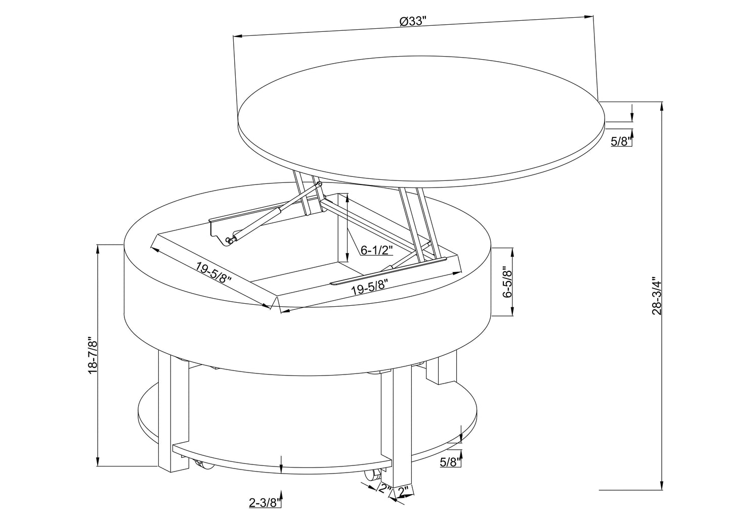 Elroy 33" Rustic Round Lift Top Coffee Table With Storage, Shelf and Casters - Brown and Grey with Fabric Edge|Table à café ronde rustique Elroy de 33 po avec dessus relevable, rangement, tablette et roulettes - brune et grise avec bordure en tissu