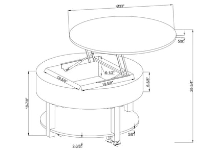 Elroy 33" Rustic Round Lift Top Coffee Table With Storage, Shelf and Casters - Brown and Grey with Fabric Edge|Table à café ronde rustique Elroy de 33 po avec dessus relevable, rangement, tablette et roulettes - brune et grise avec bordure en tissu