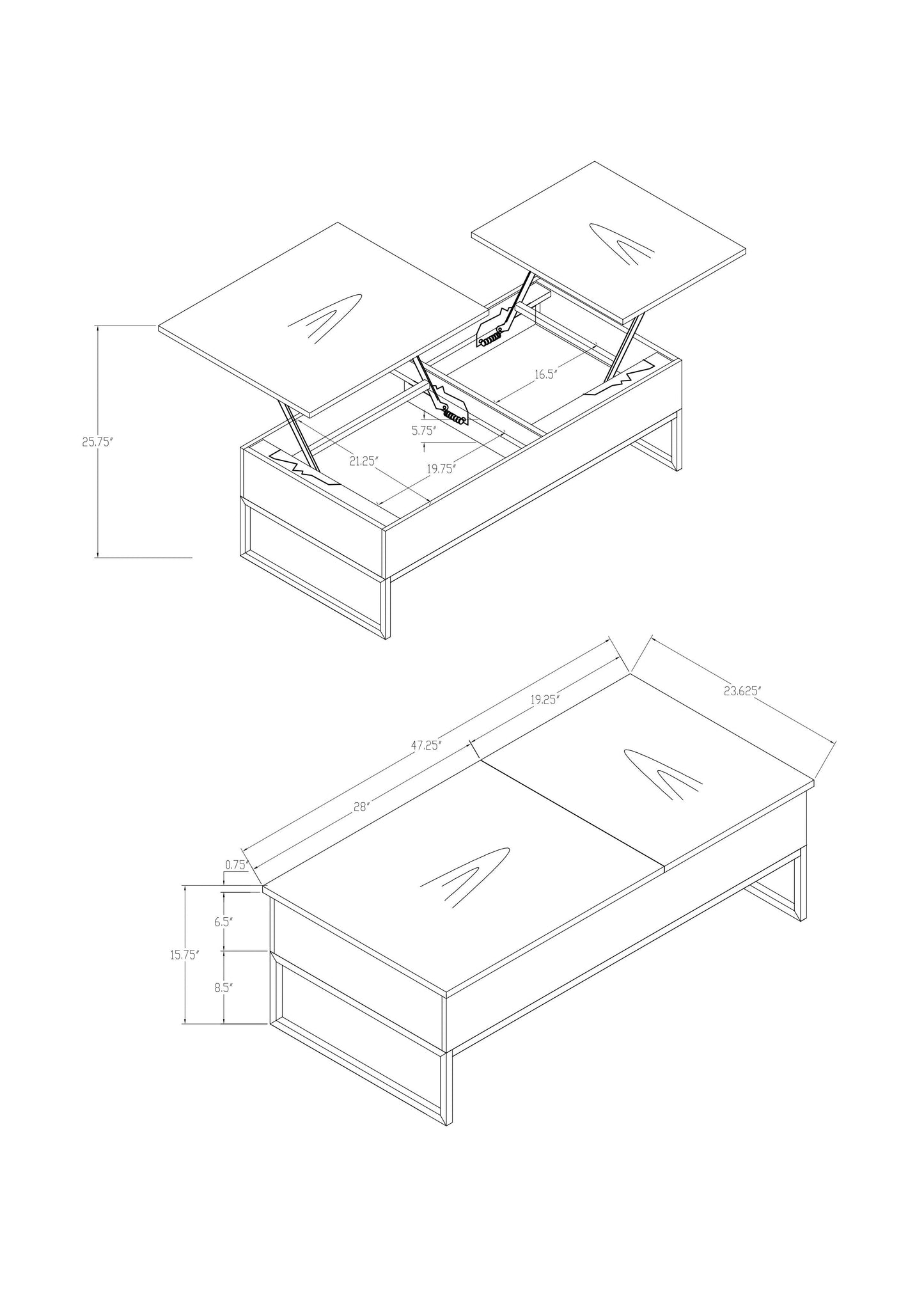 Echo 47.25" Modern Lift Top Coffee Table with Storage - Brown with Silver Metal Legs|Table à café moderne Echo de 47,25 po avec dessus relevable et rangement - brune avec pattes en métal argenté