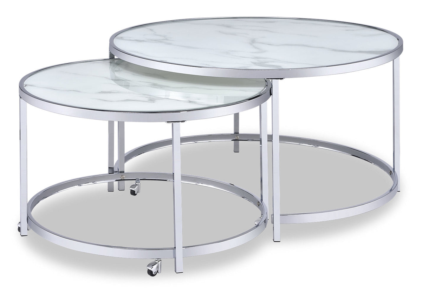 Josie 36" Glam Round Glass Top Nesting Coffee Tables - Grey Marble Look with Metal Legs|Tables à café gigognes rondes somptueuses Josie de 36 po avec dessus en verre - imitation de marbre gris avec pattes en métal