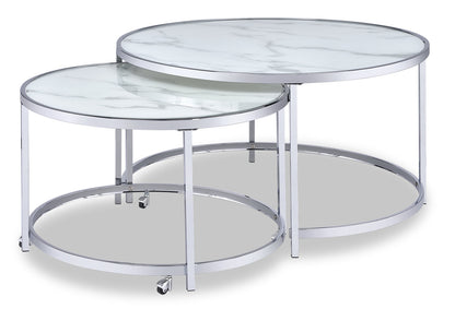 Josie 36" Glam Round Glass Top Nesting Coffee Tables - Grey Marble Look with Metal Legs|Tables à café gigognes rondes somptueuses Josie de 36 po avec dessus en verre - imitation de marbre gris avec pattes en métal