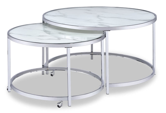 Josie 36" Glam Round Glass Top Nesting Coffee Tables - Grey Marble Look with Metal Legs|Tables à café gigognes rondes somptueuses Josie de 36 po avec dessus en verre - imitation de marbre gris avec pattes en métal