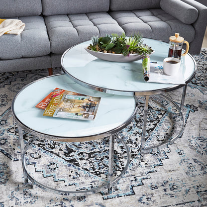 Josie 36" Glam Round Glass Top Nesting Coffee Tables - Grey Marble Look with Metal Legs|Tables à café gigognes rondes somptueuses Josie de 36 po avec dessus en verre - imitation de marbre gris avec pattes en métal