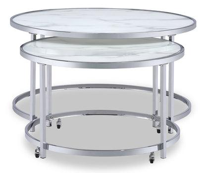 Josie 36" Glam Round Glass Top Nesting Coffee Tables - Grey Marble Look with Metal Legs|Tables à café gigognes rondes somptueuses Josie de 36 po avec dessus en verre - imitation de marbre gris avec pattes en métal