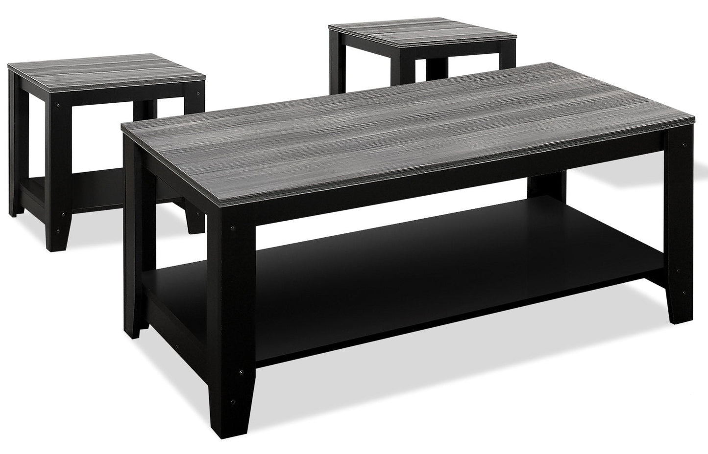 Rory 42" Traditional 3-Pack Coffee + 2 End Tables with Shelf - Grey and Black |Ensemble 3 tables traditionnelles Rory de 42 po (table à café et 2 tables de bout) avec tablette - gris et noir