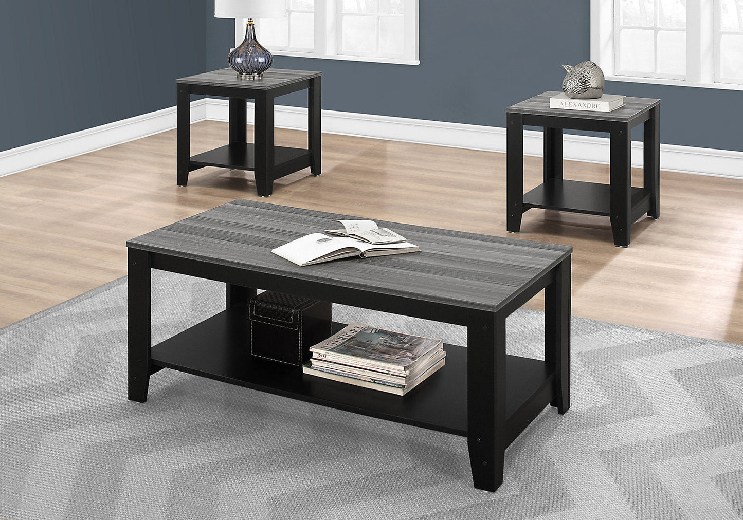 Rory 42" Traditional 3-Pack Coffee + 2 End Tables with Shelf - Grey and Black |Ensemble 3 tables traditionnelles Rory de 42 po (table à café et 2 tables de bout) avec tablette - gris et noir