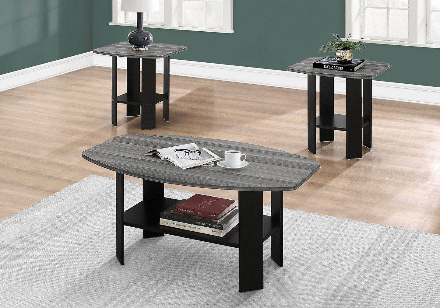 Rosario 35.5" Modern 3-Pack Coffee + 2 End Tables with Shelf - Grey and Black |Ensemble 3 tables modernes Rosario de 35,5 po (table à café et 2 tables de bout) avec tablette - gris et noir