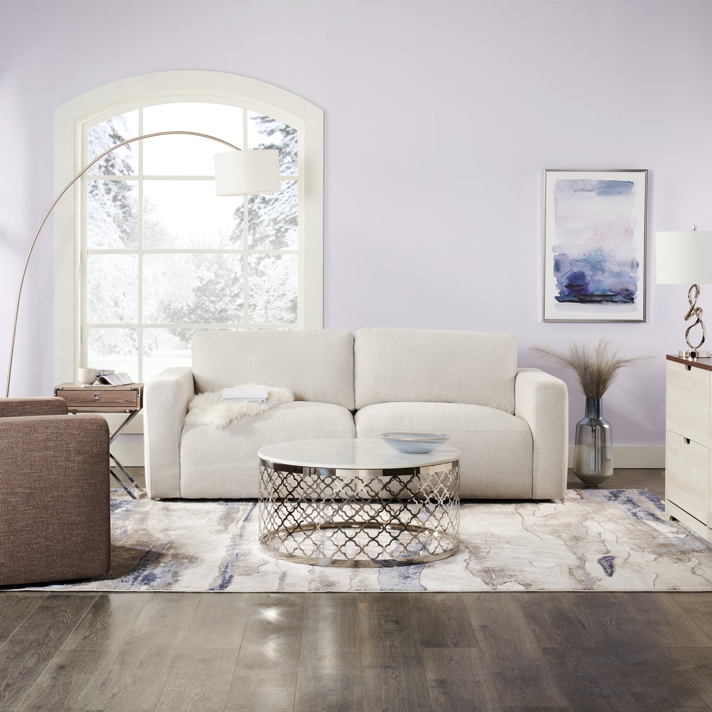 Belle 36" Glam Round Sofa Table - White Marble Top with Stainless Steel Base|Table de salon ronde somptueuse Belle de 36 po - dessus en marbre blanc avec base en acier inoxydable