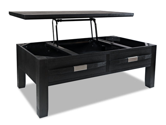 Bronx 48" Rustic Lift Top Coffee Table with Storage, Shelf and Casters - Charcoal Wood|Table à café rustique Bronx de 48 po avec dessus relevable, rangement, tablette et roulettes - bois anthracite