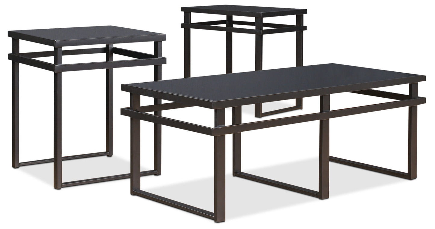 Laney 47" Modern 3-Pack Coffee + 2 End Tables - Black Metal with Glass Top|Ensemble 3 tables modernes Laney de 47 po (table à café et 2 tables de bout) - métal noir avec dessus en verre