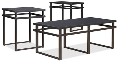 Laney 47" Modern 3-Pack Coffee + 2 End Tables - Black Metal with Glass Top|Ensemble 3 tables modernes Laney de 47 po (table à café et 2 tables de bout) - métal noir avec dessus en verre