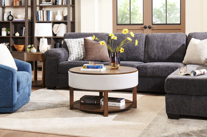 Elroy 33" Rustic Round Lift Top Coffee Table With Storage, Shelf and Casters - Brown and Grey with Fabric Edge|Table à café ronde rustique Elroy de 33 po avec dessus relevable, rangement, tablette et roulettes - brune et grise avec bordure en tissu