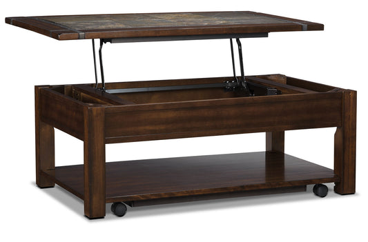 Roanoke 50" Rustic Lift Top Coffee Table with Storage and Shelf - Dark Cherry Wood and Slate Inlay|Table à café rustique Roanoke de 50 po avec dessus relevable, rangement et tablette - bois cerisier foncé et incrustation d’ardoise