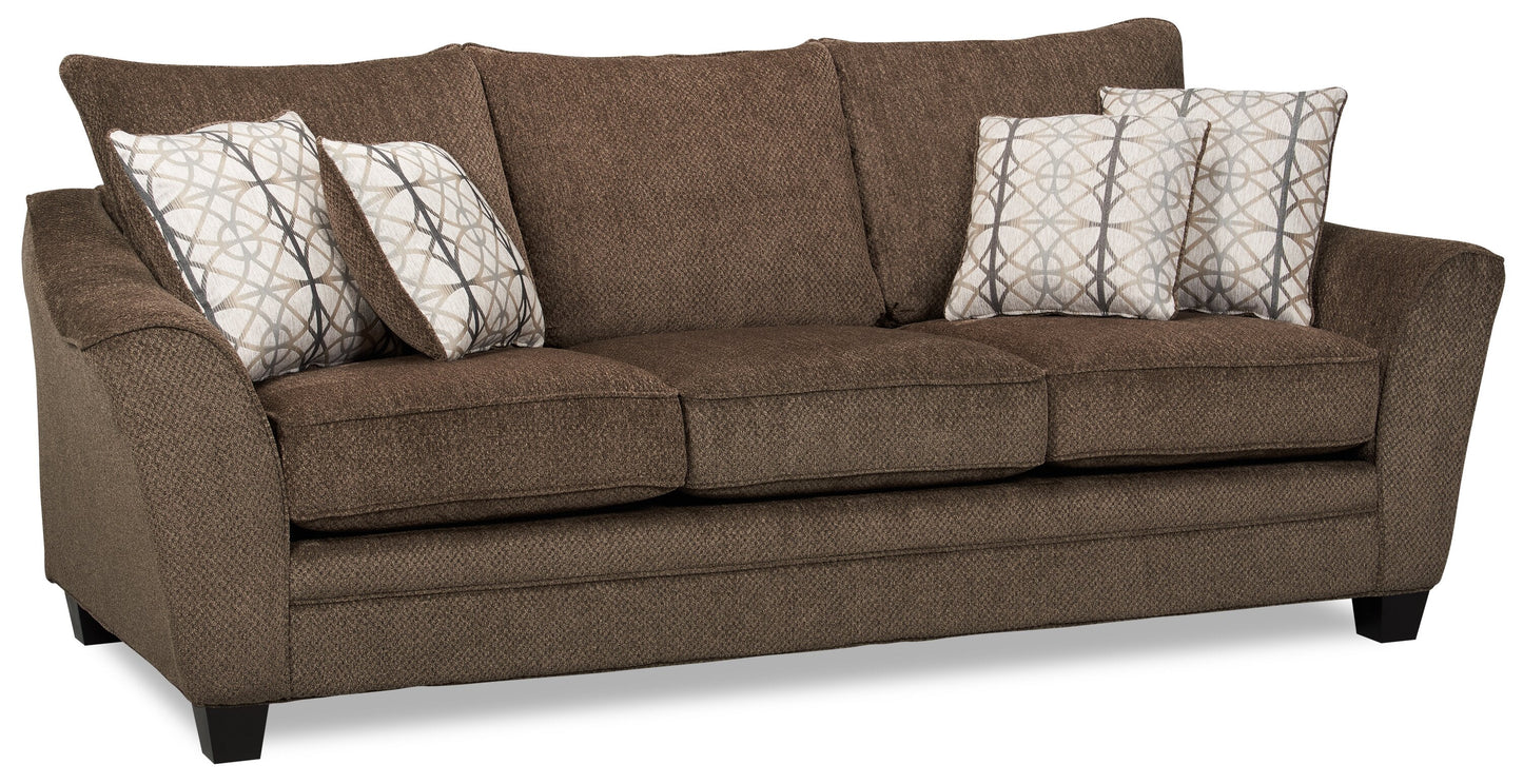 Made in Canada Febe 85" Chenille Fabric Condo-Size Sofa with Flared Arms and Accent Pillows - Brown | Sofa Febe de 85 po de format condo fabriqué au Canada en tissu de chenille avec accoudoirs évasés et coussins décoratifs - brun
