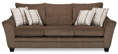 Made in Canada Febe 100" Chenille Fabric Sofa with Flared Arms and Accent Pillows - Brown | Sofa Febe de 100 po fabriqué au Canada en tissu de chenille avec accoudoirs évasés et coussins décoratifs - brun