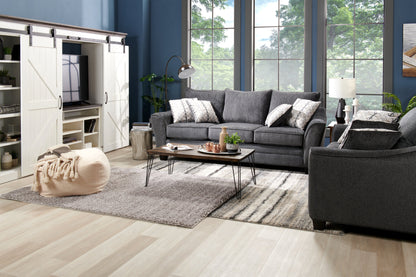 Made in Canada Febe 100" Chenille Fabric Sofa with Flared Arms and Accent Pillows - Charcoal Grey | Sofa Febe de 100 po fabriqué au Canada en tissu de chenille avec accoudoirs évasés et coussins décoratifs - gris anthracite