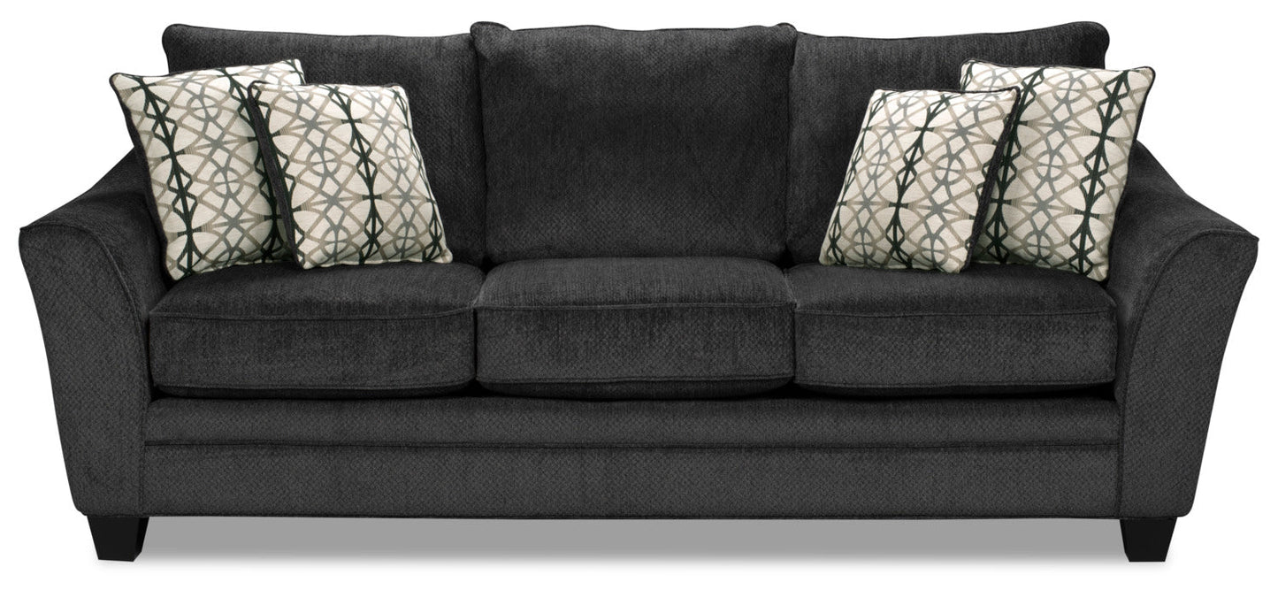 Made in Canada Febe 100" Chenille Fabric Sofa with Flared Arms and Accent Pillows - Charcoal Grey | Sofa Febe de 100 po fabriqué au Canada en tissu de chenille avec accoudoirs évasés et coussins décoratifs - gris anthracite