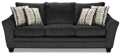 Made in Canada Febe 100" Chenille Fabric Sofa with Flared Arms and Accent Pillows - Charcoal Grey | Sofa Febe de 100 po fabriqué au Canada en tissu de chenille avec accoudoirs évasés et coussins décoratifs - gris anthracite
