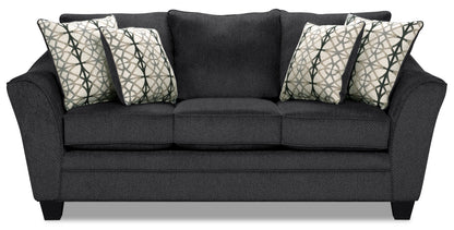 Made in Canada Febe 85" Chenille Fabric Condo-Size Sofa with Flared Arms and Accent Pillows - Charcoal Grey | Sofa Febe de 85 po de format condo fabriqué au Canada en tissu de chenille avec accoudoirs évasés et coussins décoratifs - gris anthracite