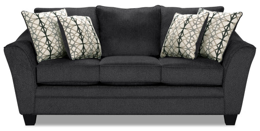 Made in Canada Febe 85" Chenille Fabric Condo-Size Sofa with Flared Arms and Accent Pillows - Charcoal Grey | Sofa Febe de 85 po de format condo fabriqué au Canada en tissu de chenille avec accoudoirs évasés et coussins décoratifs - gris anthracite