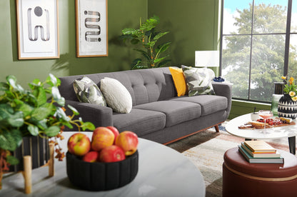 Kort & Co. Freeman 88" Linen-Look Fabric Sofa with Wood Base and Tufted Back Cushions - Charcoal Grey | Sofa Freeman Kort & Co. de 88 po en tissu d’apparence lin avec pattes en bois et coussins de dossier capitonnés - gris anthracite