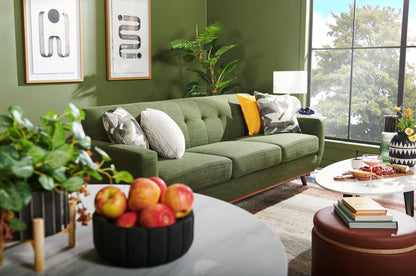 Kort & Co. Freeman 88" Linen-Look Fabric Sofa with Wood Base and Tufted Back Cushions - Avocado Green | Sofa Freeman Kort & Co. de 88 po en tissu d’apparence lin avec pattes en bois et coussins de dossier capitonnés - vert avocat