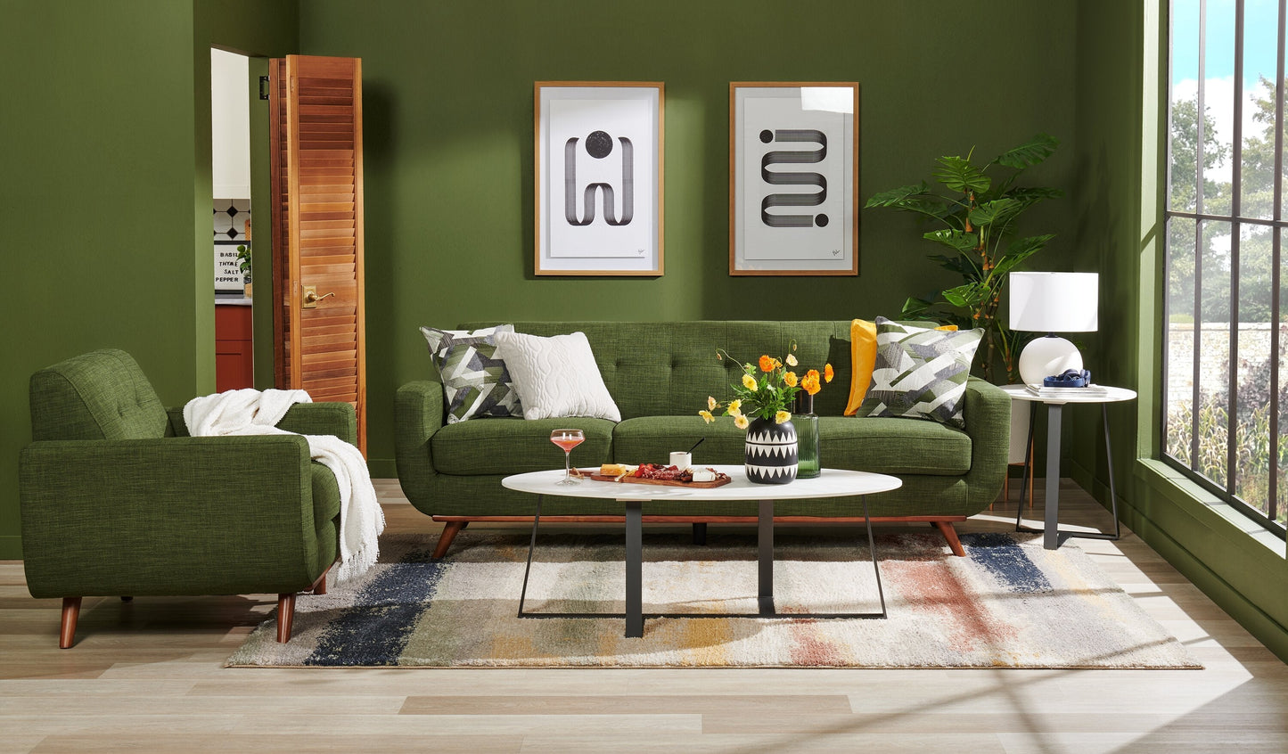 Kort & Co. Freeman 88" Linen-Look Fabric Sofa with Wood Base and Tufted Back Cushions - Avocado Green | Sofa Freeman Kort & Co. de 88 po en tissu d’apparence lin avec pattes en bois et coussins de dossier capitonnés - vert avocat