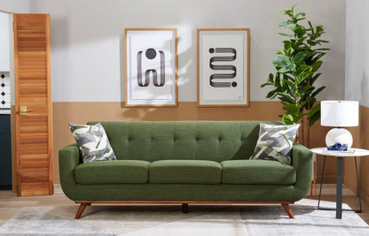 Kort & Co. Freeman 88" Linen-Look Fabric Sofa with Wood Base and Tufted Back Cushions - Avocado Green | Sofa Freeman Kort & Co. de 88 po en tissu d’apparence lin avec pattes en bois et coussins de dossier capitonnés - vert avocat