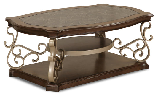 Heidi 52" Ornate Coffee Table with Shelf - Brown and Champagne with Metal Legs|Table à café ornée Heidi de 52 po avec tablette - brune et champagne avec pattes en métal