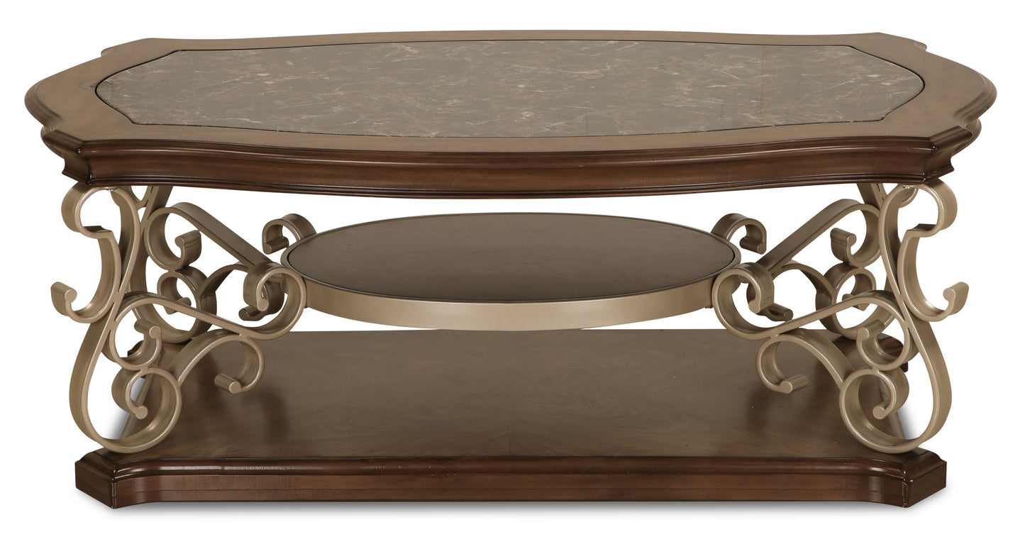 Heidi 52" Ornate Coffee Table with Shelf - Brown and Champagne with Metal Legs|Table à café ornée Heidi de 52 po avec tablette - brune et champagne avec pattes en métal
