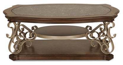 Heidi 52" Ornate Coffee Table with Shelf - Brown and Champagne with Metal Legs|Table à café ornée Heidi de 52 po avec tablette - brune et champagne avec pattes en métal