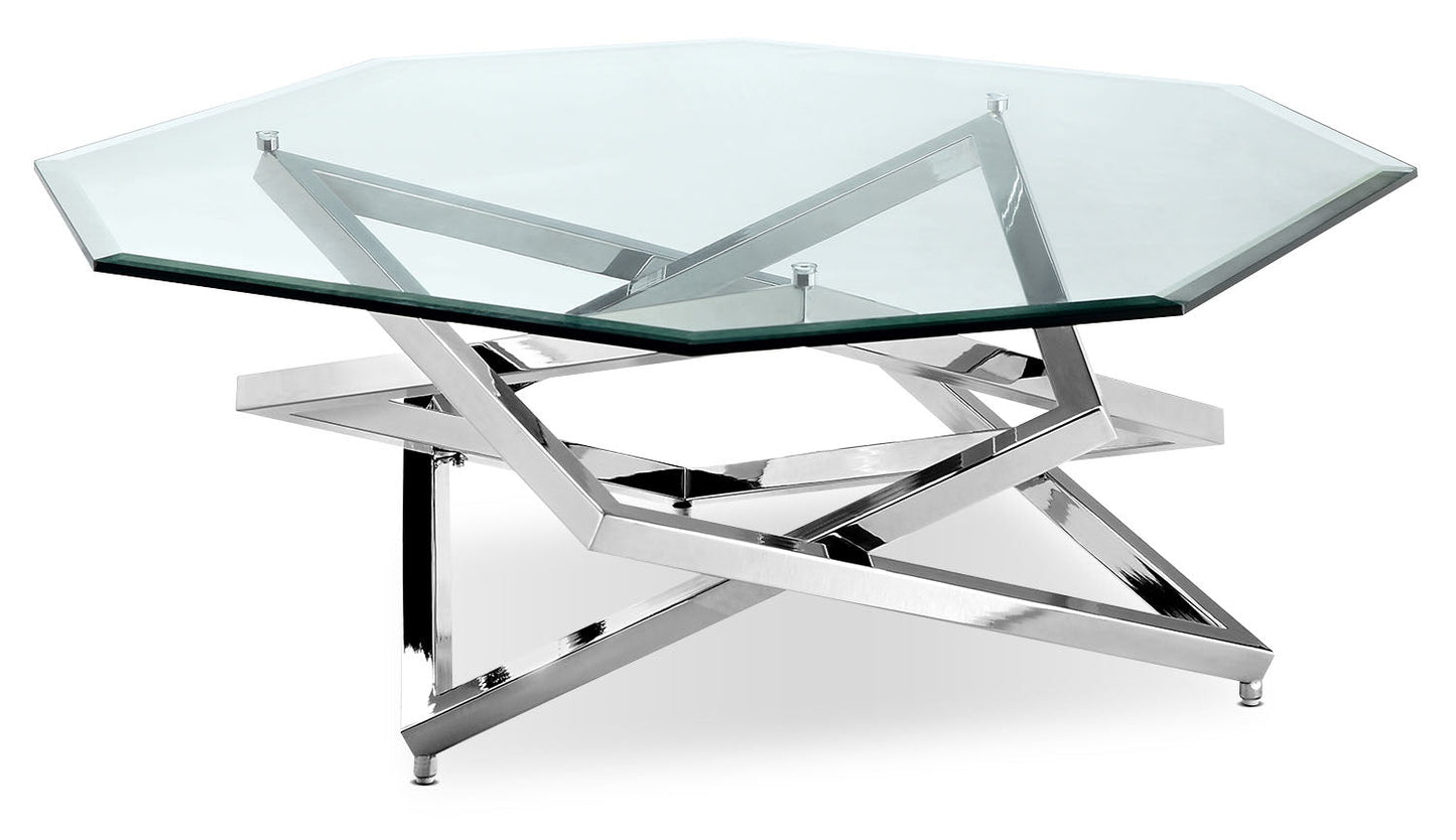 Konstanz 40" Glam Octagon Glass Top Coffee Table - Silver with Metal Base|Table à café octogonale somptueuse Konstanz de 40 po avec dessus en verre - argentée avec base en métal